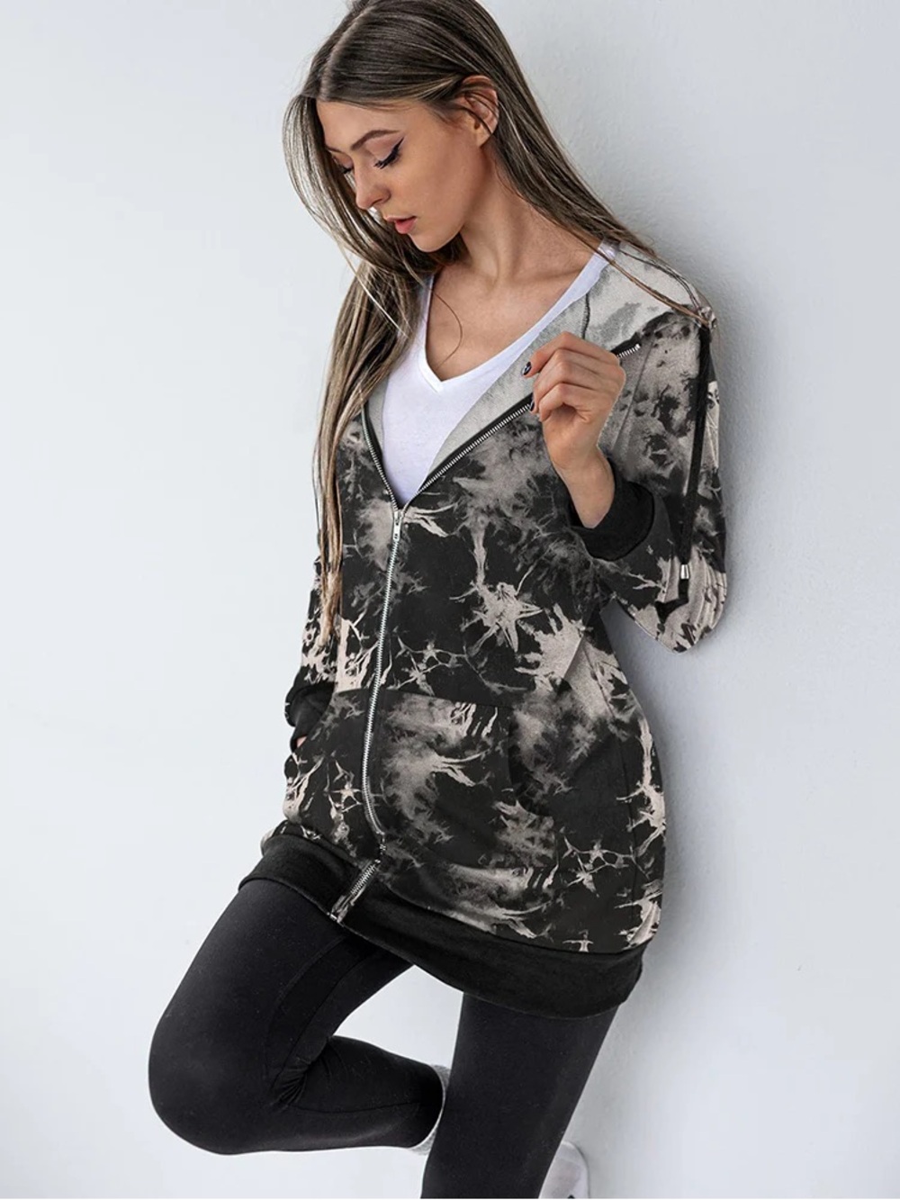 Women’s Long Sleeve Zip Up Hoodie Tunic with Pockets - Black Tie Dye